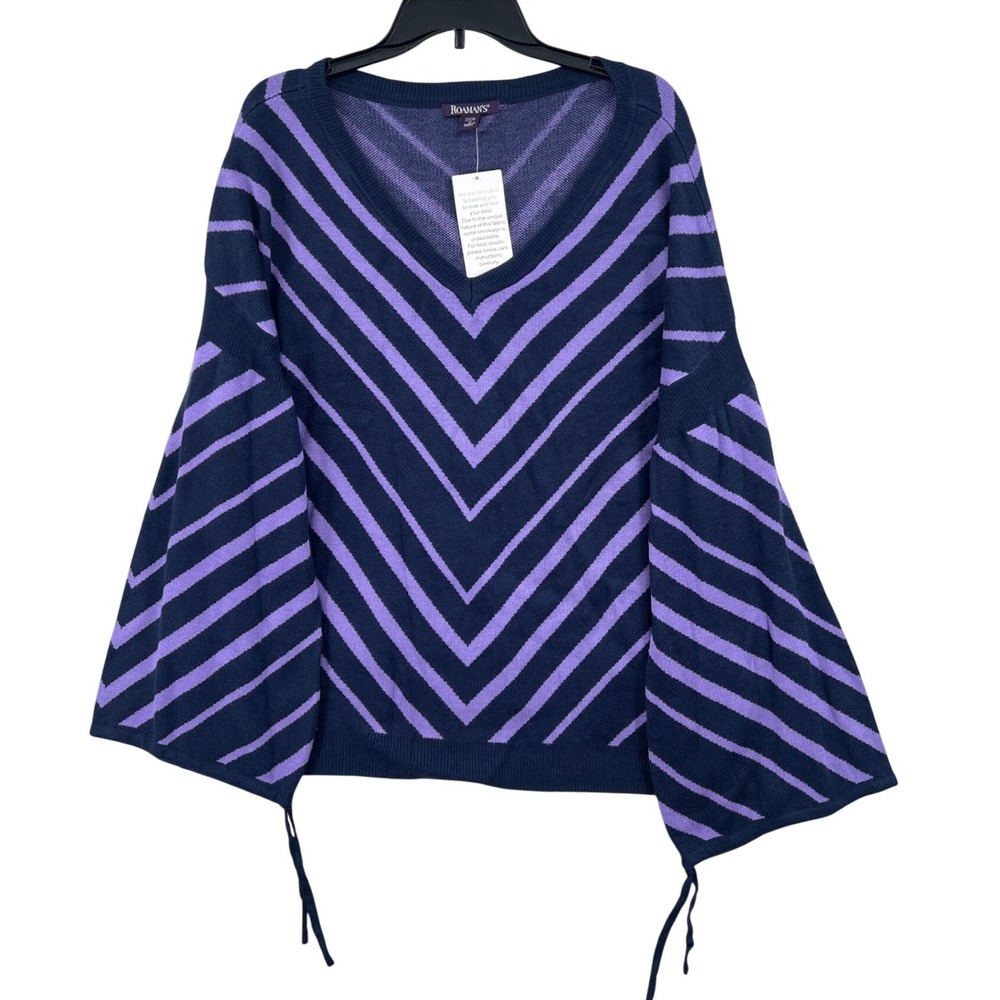 Roaman's Chevron Striped V-Neck Sweater Size 1X Navy Purple Bell Sleeve Artsy